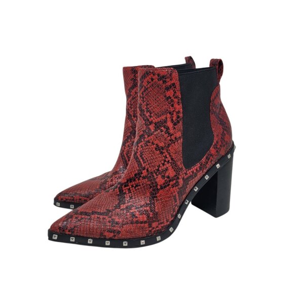 Charles By Charles David Size 7.5 Dogger Boots Studs Heels 3.5” Red Snake Print - Picture 5 of 11